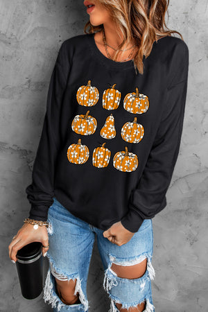 Pumpkin Round Neck Long Sleeve Sweatshirt