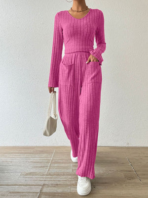 Ribbed V-Neck Long Sleeve Top and Pocketed Pants Set