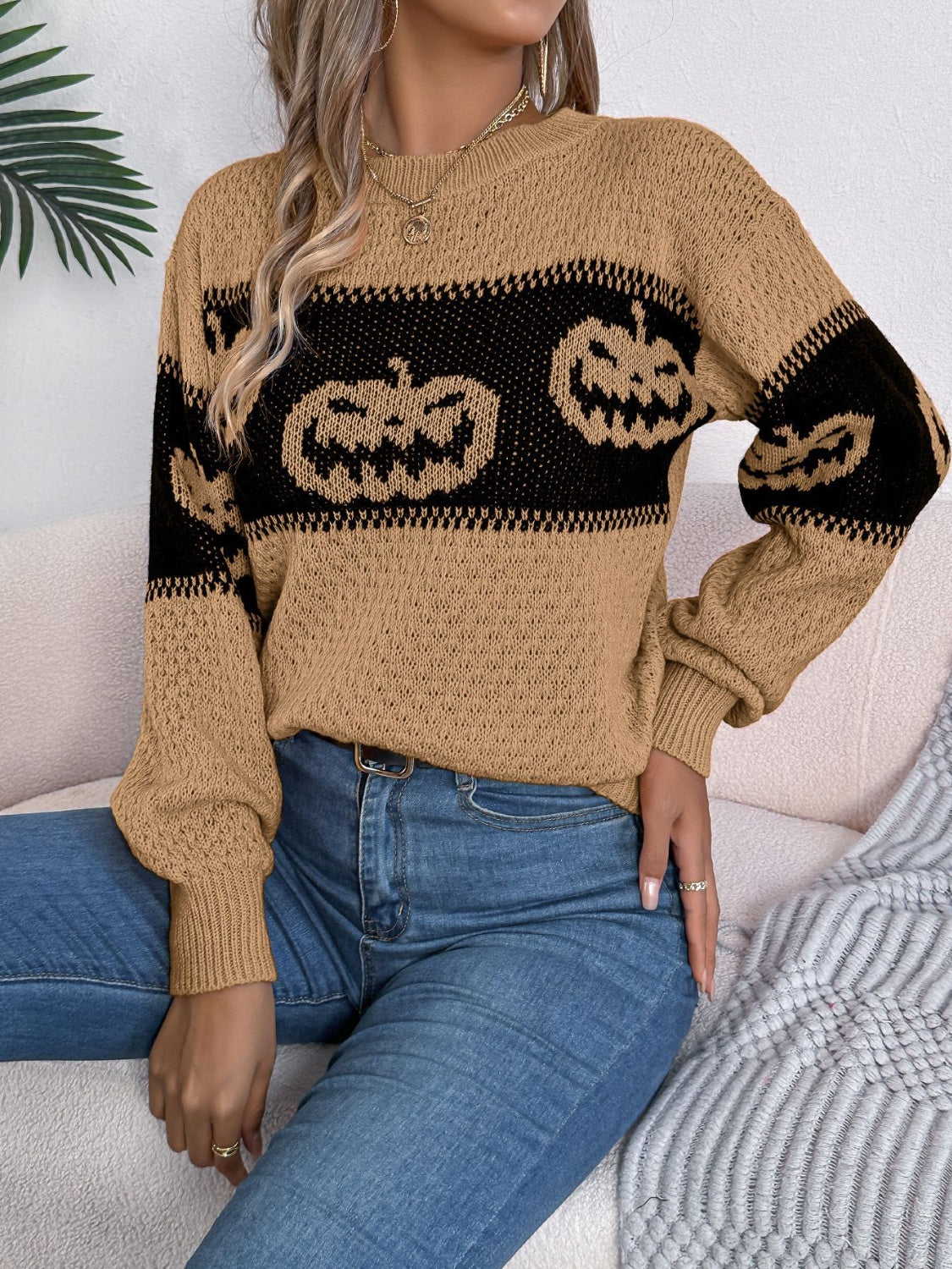 Pumpkin Round Neck Long Sleeve Sweater