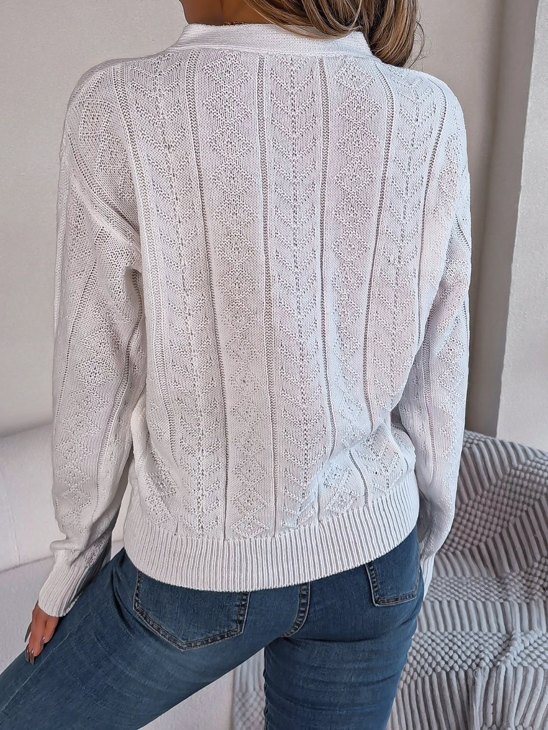 Cable-Knit V-Neck Long Sleeve Sweater