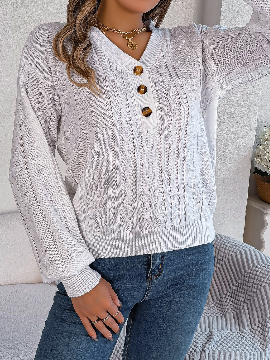 Cable-Knit V-Neck Long Sleeve Sweater