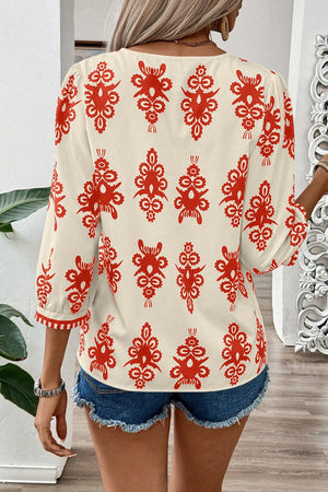 Printed V-Neck Three-Quarter Sleeve Blouse