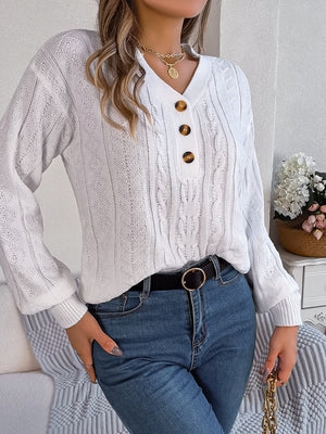 Cable-Knit V-Neck Long Sleeve Sweater