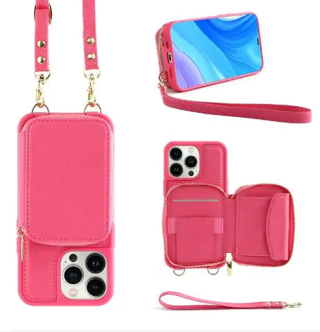 Crossbody Leather Case with Zipper & Card Holder for Iphone