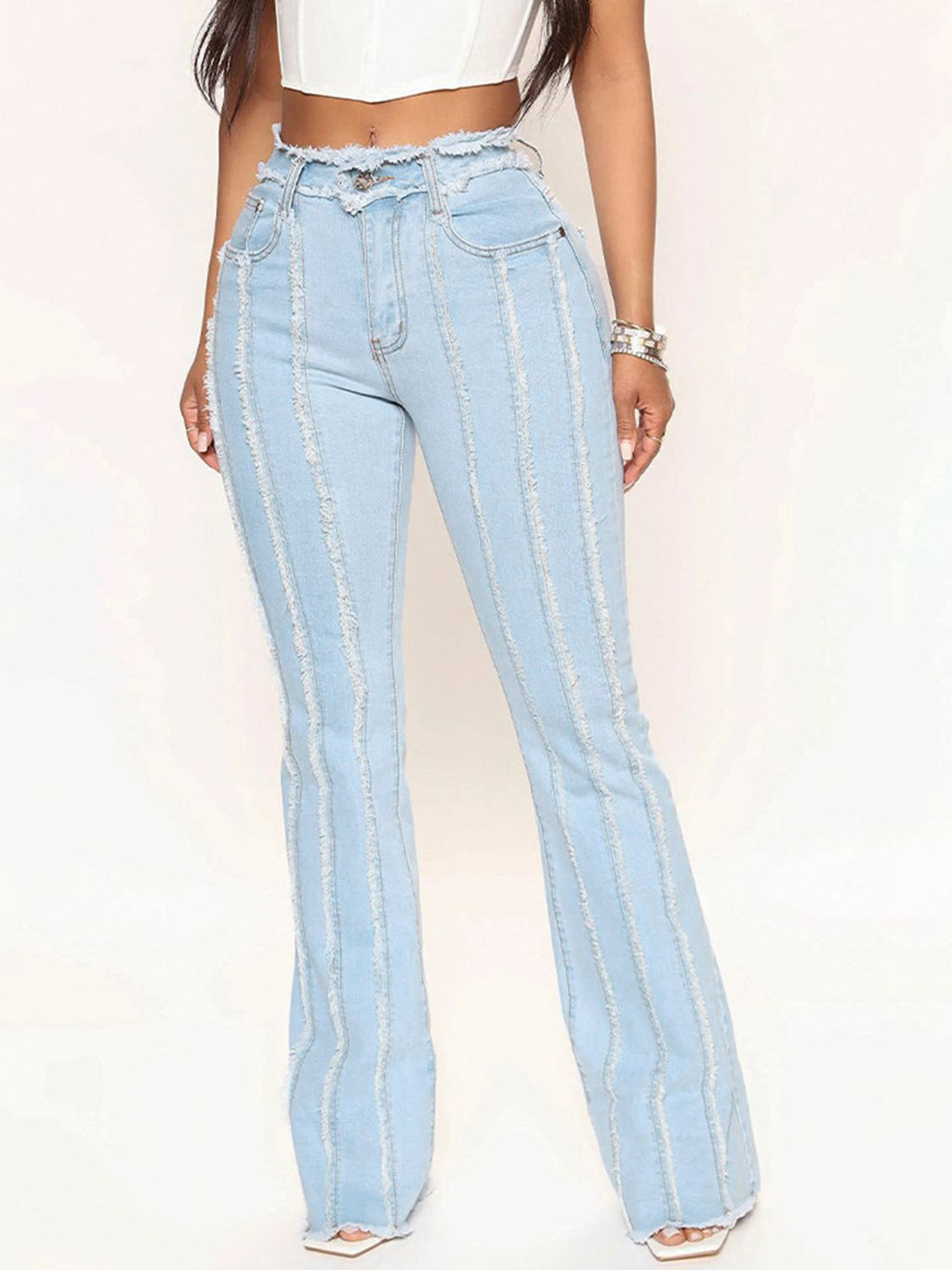 Striped Raw Hem Jeans