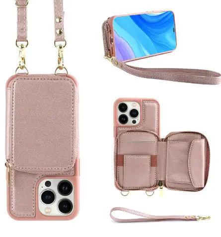 Crossbody Leather Case with Zipper & Card Holder for Iphone