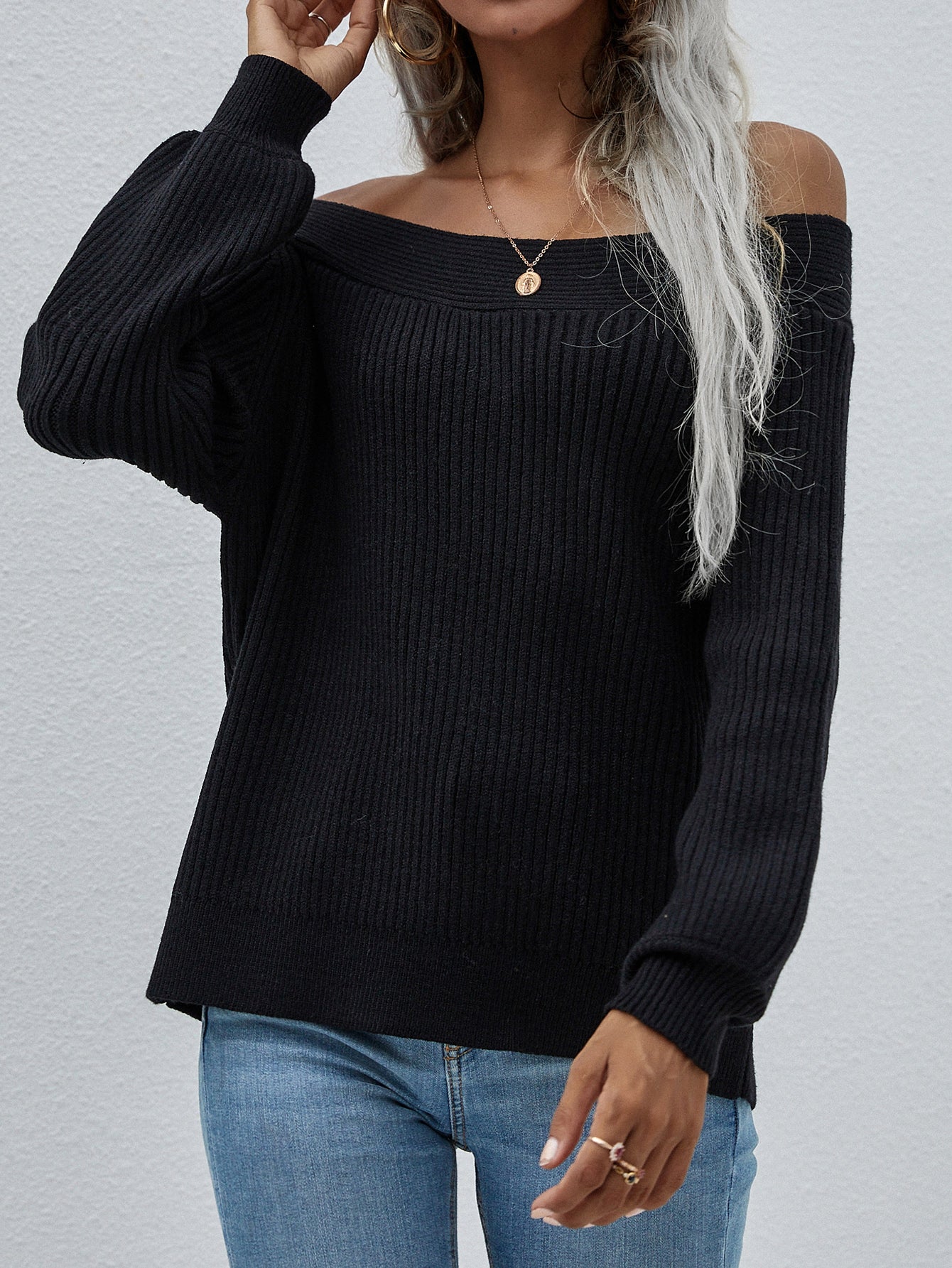 Off-Shoulder Rib-Knit Sweater