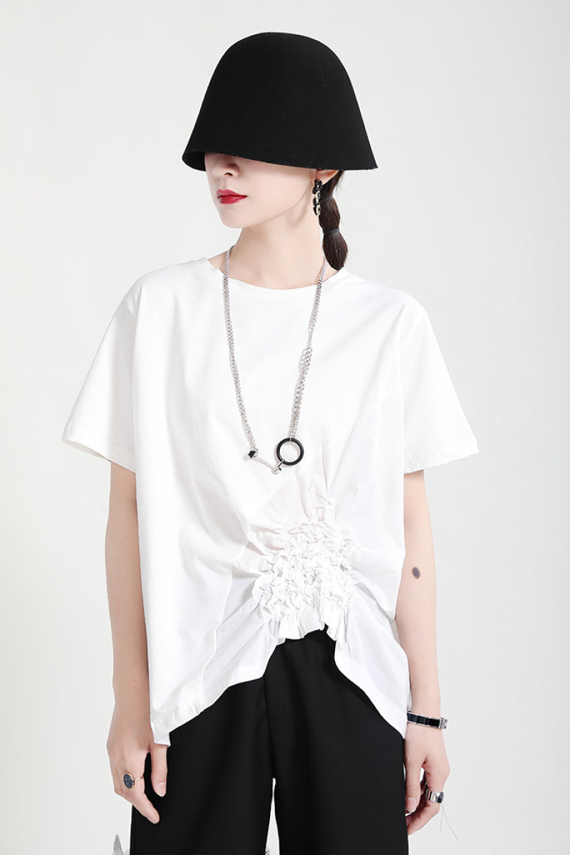 Short Sleeve Round Neck Shirring Detail T-shirt