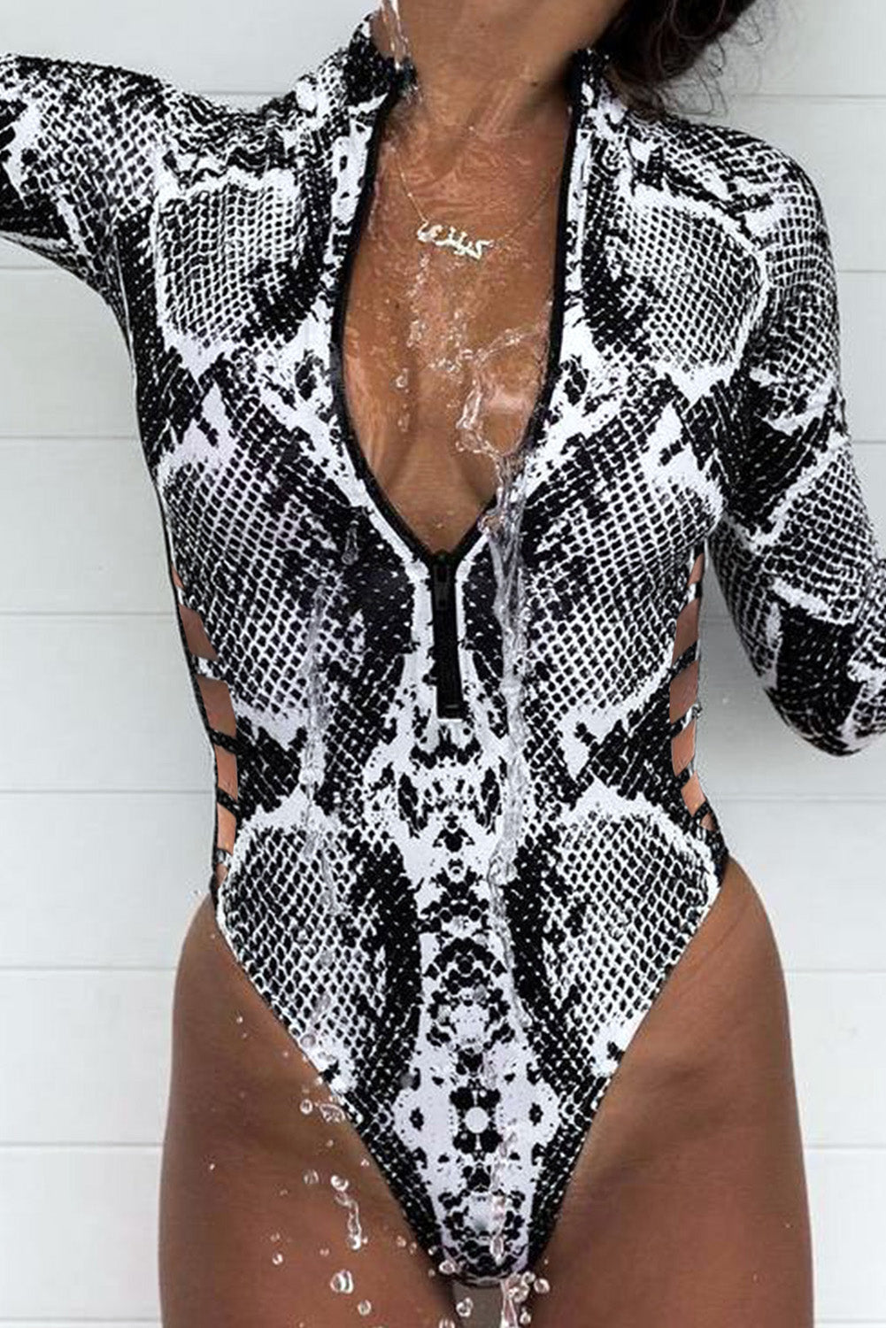 Snake Print Zipper Cut-Out Wetsuit