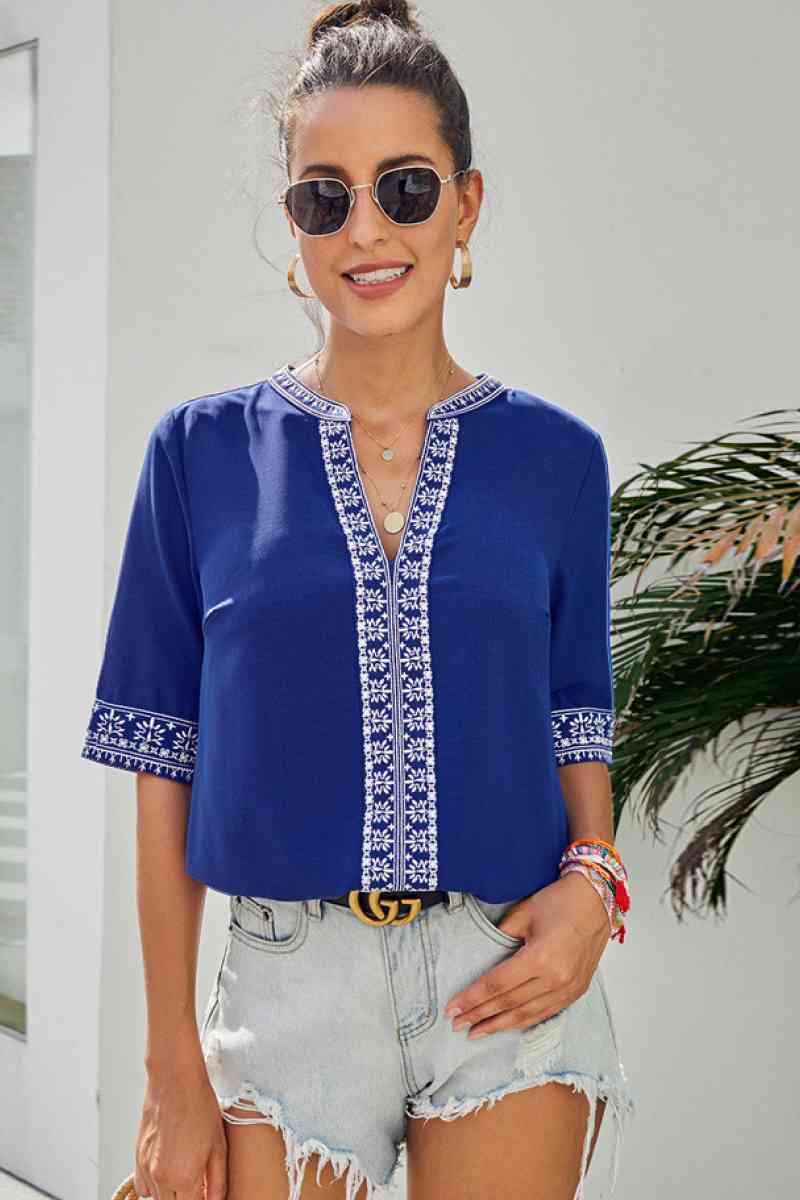 Embroidery Ethnic Style V Neck Top