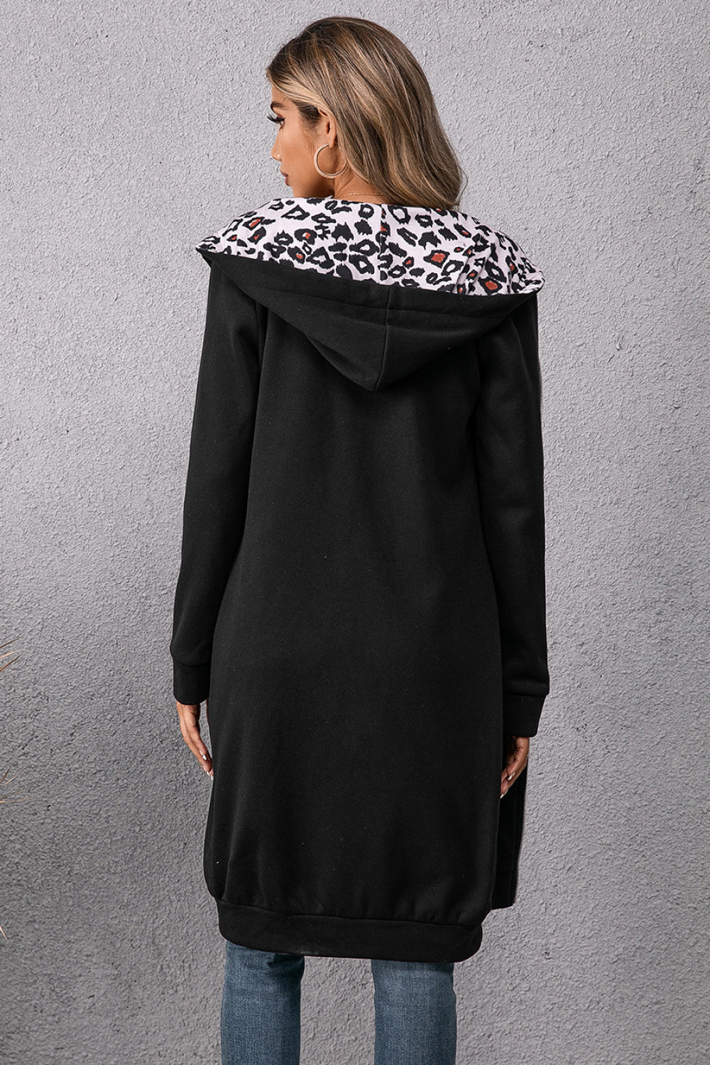 Leopard Spliced Drawstring Zip Up Hoodie