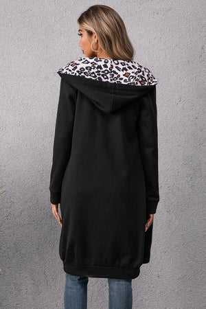 Leopard Spliced Drawstring Zip Up Hoodie