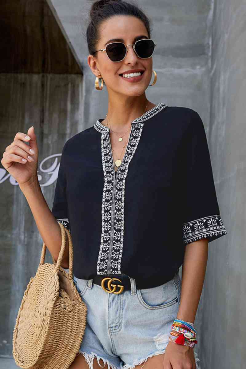 Embroidery Ethnic Style V Neck Top