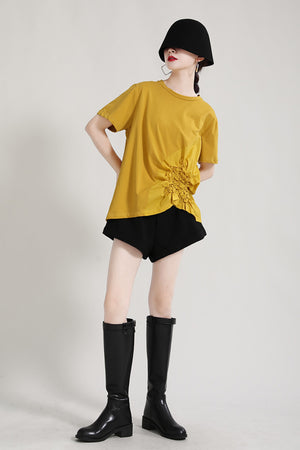 Short Sleeve Round Neck Shirring Detail T-shirt