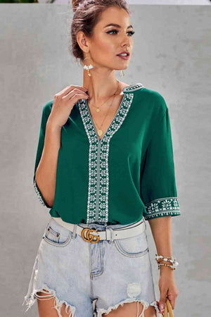 Embroidery Ethnic Style V Neck Top