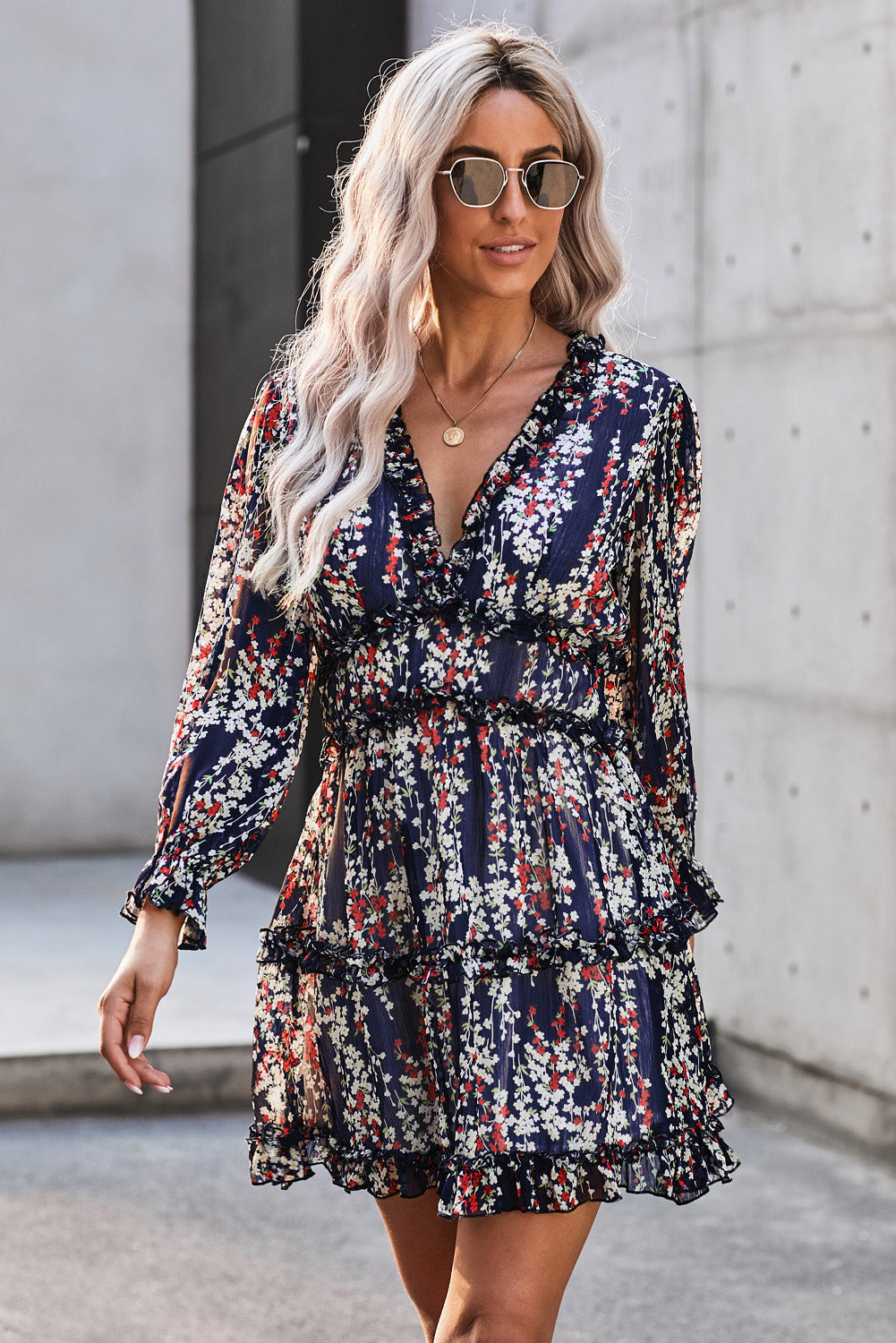 Ruffled Open Back Floral Dress