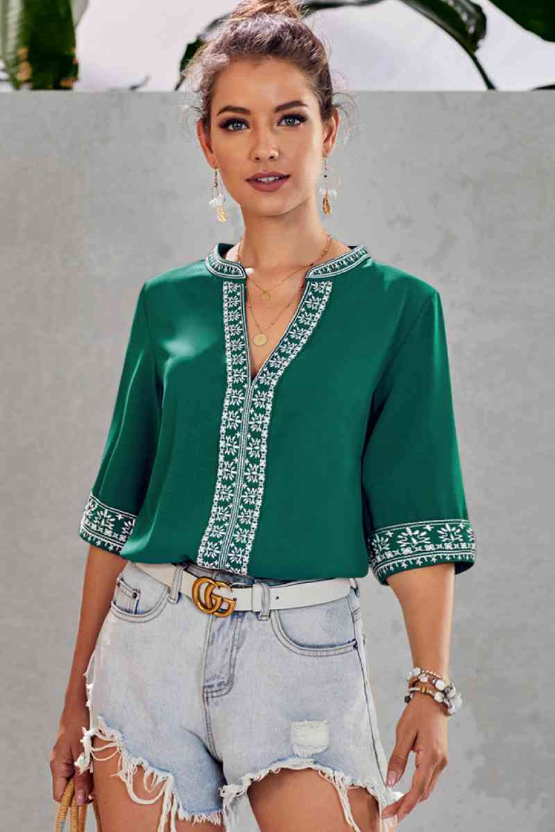 Embroidery Ethnic Style V Neck Top