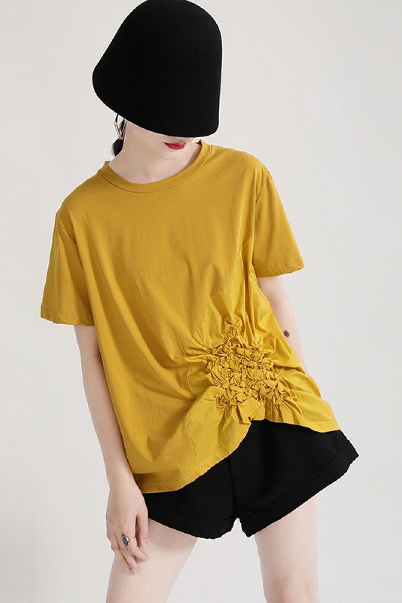 Short Sleeve Round Neck Shirring Detail T-shirt